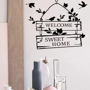 Sticker mural noir avec oiseaux et texte Welcome Sweet Home pour décoration intérieure