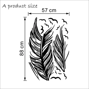 Detailed dimensions of feather and bird wall decals showing 57cm width and 88cm height