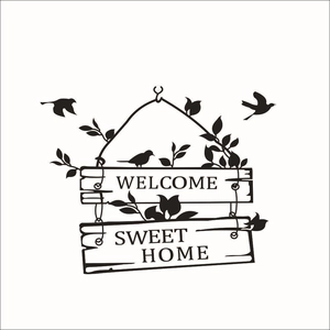 Détail du sticker mural Welcome Sweet Home avec oiseaux et motif d'enseigne