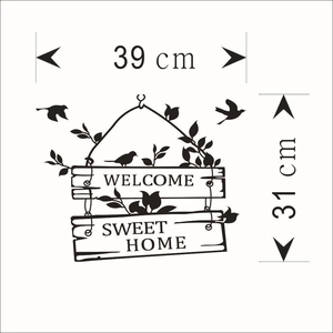 Dimensions détaillées du sticker mural Welcome Sweet Home avec oiseaux, 39x31cm