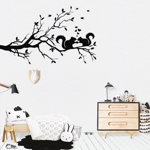 Modern Branch Squirrel Bird Silhouette Wall Sticker Removable PVC Decorative Decal For Bedroom Living Room Kids Room Black