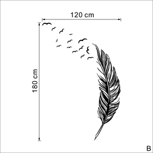 Detailed dimension guide for large feather and birds wall decal, 120cm width and 180cm height