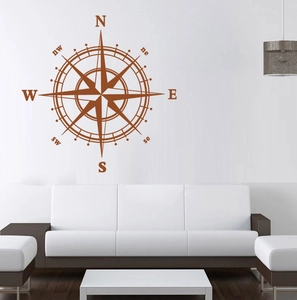 Compass rose wall sticker in dark brown for modern living room wall decor