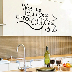 Sticker mural moderne Wake up to Coffee avec texte artistique et tasse pour cuisine