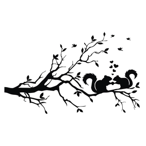 Creative wall sticker featuring branch, squirrels, hearts and birds silhouette art