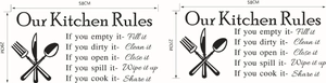 Dettagli dell'adesivo murale Our Kitchen Rules in vinile con misure 58x29cm e 58x27cm