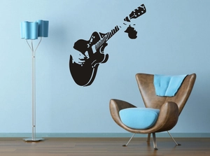 Guitarist silhouette wall sticker decor for living room or music studio on light blue wall