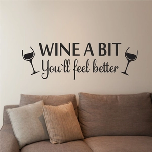 Modern black vinyl wall decal featuring Wine A Bit slogan with wine glass motifs