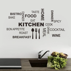 Detail view of removable vinyl kitchen wall stickers with cutlery icons on modern wall