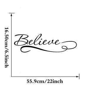 Believe lettering vinyl wall decal in black cursive font measuring 22x6.5 inches