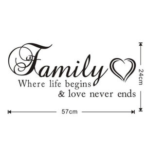 Family wall decal sticker with quote and heart design, dimensions 57x24cm in black PVC