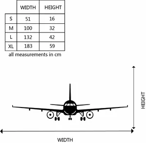 Size chart showing width and height for aircraft wall stickers in S to XL dimensions