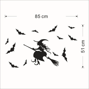 Detail showing dimension markings for the black witch and bat silhouette wall stickers