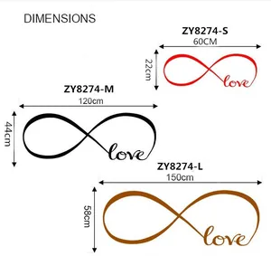 Size chart for Infinity Love wall stickers available in 60cm, 120cm, and 150cm lengths