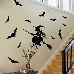 Halloween Witch And Bat Silhouette Wall Sticker Removable Waterproof PVC Decal For Kids Room Window Glass Home Decor