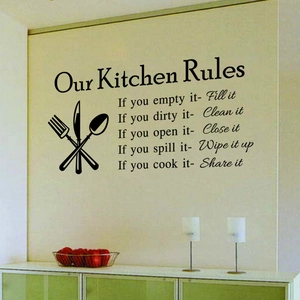 Dettaglio dell'adesivo murale Our Kitchen Rules nero con icone di posate e testo