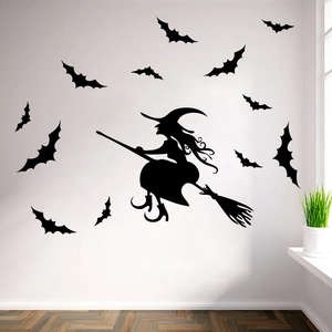 Halloween witch silhouette and 12 bats wall sticker set on a clean white wall