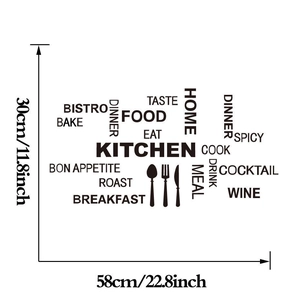 Waterproof PVC kitchen wall decal set with KITCHEN lettering and utensil icons 30x58cm