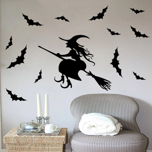 Halloween wall sticker set featuring a classic flying witch silhouette and black bats