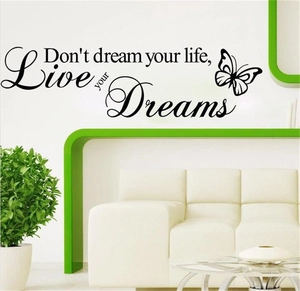 Detail of inspirational Live Your Dreams wall sticker with butterfly and cursive script