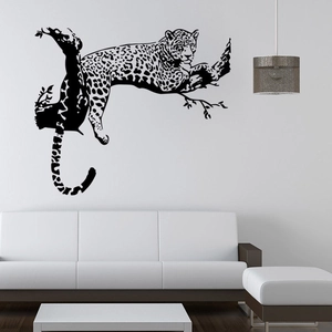 Modern black leopard silhouette wall sticker depicting a cheetah resting on a tree branch
