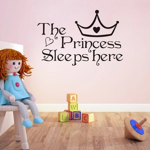Princess Sleeps Here Crown Heart Wall Decal Removable PVC Wall Sticker For Girls Kids Room Nursery Home Decor Art Mural Black