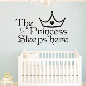 Black crown wall decal with 'The Princess Sleeps here' text for nursery wall decor