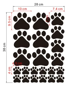 Tableau des tailles pour stickers pattes de chien avec dimensions des autocollants