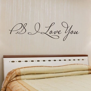 Adesivo murale P.S. I Love You in vinile nero per decorazione testata del letto