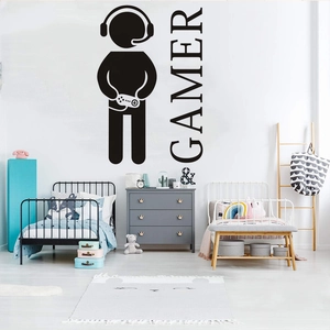 Black vinyl gamer wall decal featuring silhouette gamer and GAMER lettering for room decor