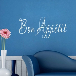 Minimalist Bon Appétit wall decal in white calligraphy for modern kitchen decor