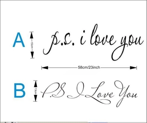 Adesivo murale P.S. I Love You in due stili con dimensioni dettagliate