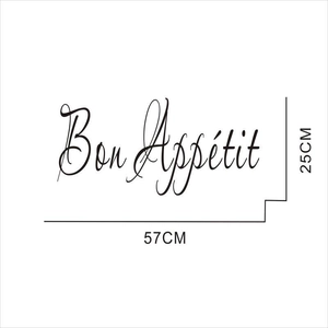 Detail view of Bon Appétit wall sticker showing 57cm by 25cm dimensions for kitchen