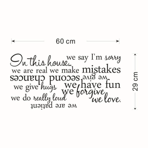 Family values wall decal with black artistic quotes measuring 60 cm by 29 cm
