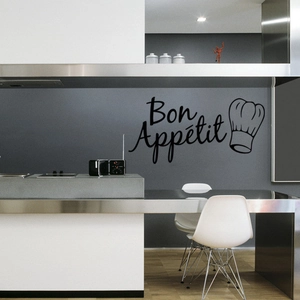 Adesivo murale cucina Bon Appétit nero minimalista con icona cappello da chef su muro