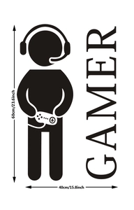 Detail view of Gamer vinyl wall sticker showing precise 60x40cm dimensions and gaming silhouette