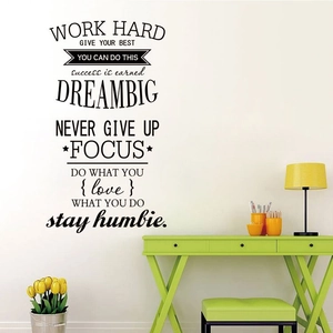 Inspirational black wall decal featuring Work Hard Dream Big quotes for home office decor