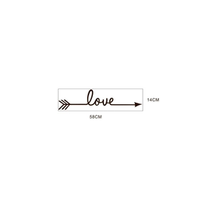 Minimalist LOVE arrow wall decal for living room measuring 58x14cm in dark brown finish