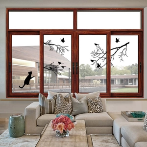 Sticker Mural Branche Oiseau Silhouette Chat Noir Décalcomanie PVC Amovible Étanche Décor Maison Salon Chambre Fenêtre Verre