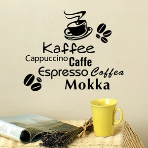Kitchen wall decal featuring coffee cups and multi-language espresso terms in matte vinyl