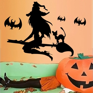 Halloween Witch On Broom Silhouette Wall Sticker Black Waterproof Removable PVC Vinyl Decal For Window Home Party Decoration