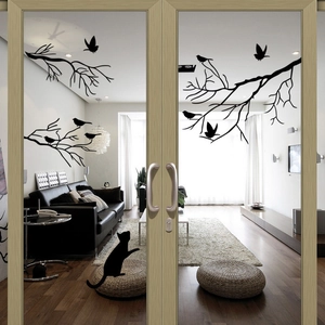 Stickers muraux silhouettes noires avec oiseaux sur branches et chat pour décor de vitre