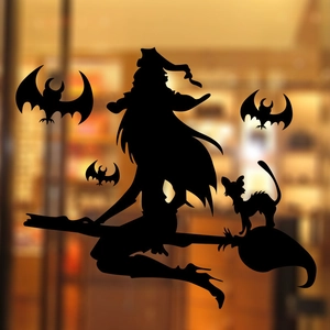 Halloween wall sticker featuring a witch on a broom, a black cat, and flying bats silhouettes