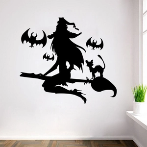 Black vinyl Halloween wall stickers featuring a witch on a broom, cat, and bats