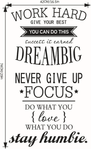 Modern black wall sticker with motivational English quotes measuring 74x42 cm for home decor