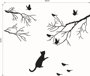 Dimensions détaillées du sticker mural avec oiseaux sur branches et silhouette de chat