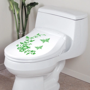 Waterproof PVC toilet lid sticker with green butterfly and floral vine pattern design