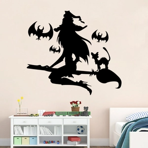 Detailed view of Halloween witch on broom with bats silhouette wall sticker for kids room decor
