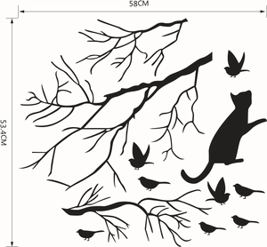 Dimensions détaillées des stickers muraux minimalistes noirs oiseau et chat