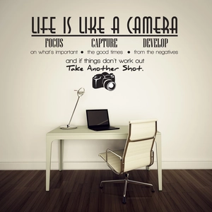 Sticker Mural Citation Inspirante Life Is Like A Camera en PVC Amovible Motif Appareil Photo pour Décoration Maison